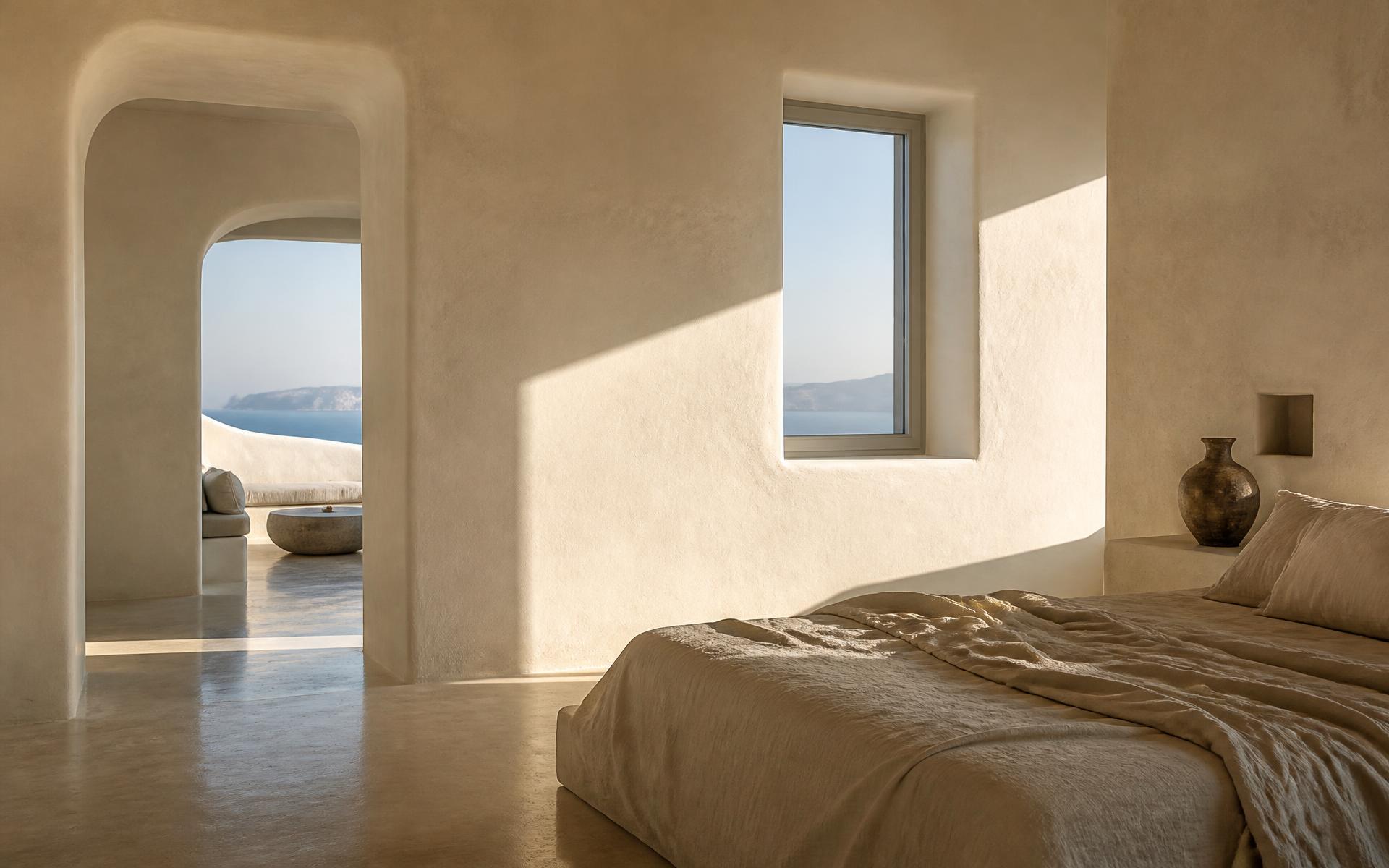 Suite interior with plaster walls, linen textiles and soft daylight